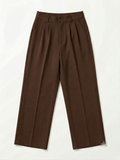 Chocolate Brown Straight-Pant Pleated Trousers with Elastic Waist