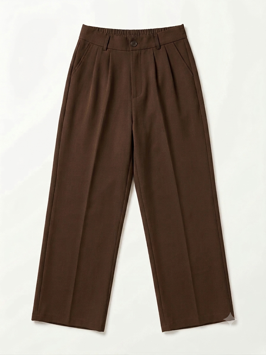 Chocolate Brown Straight-Pant Pleated Trousers with Elastic Waist