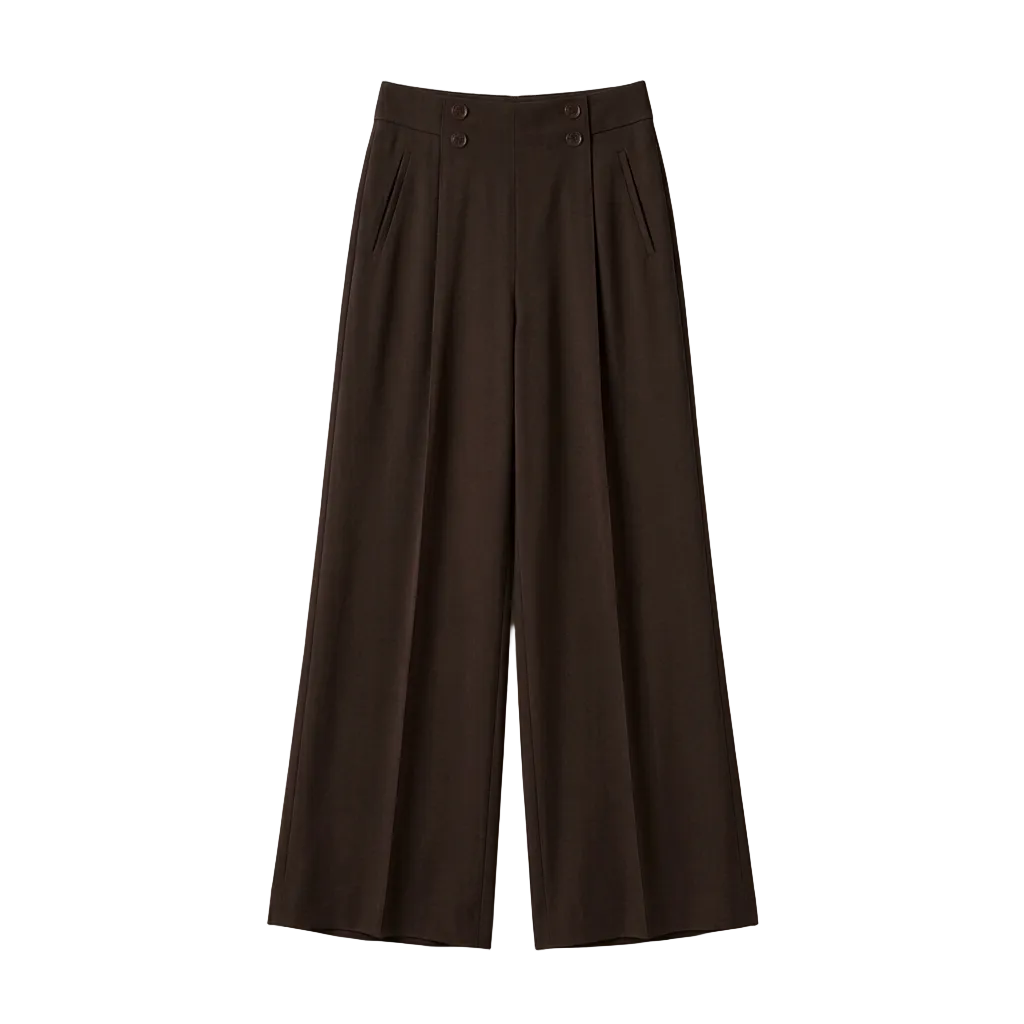 Dark brown wide-leg cropped pants with a double-button waistband and side pockets, shown flat against a light beige background.