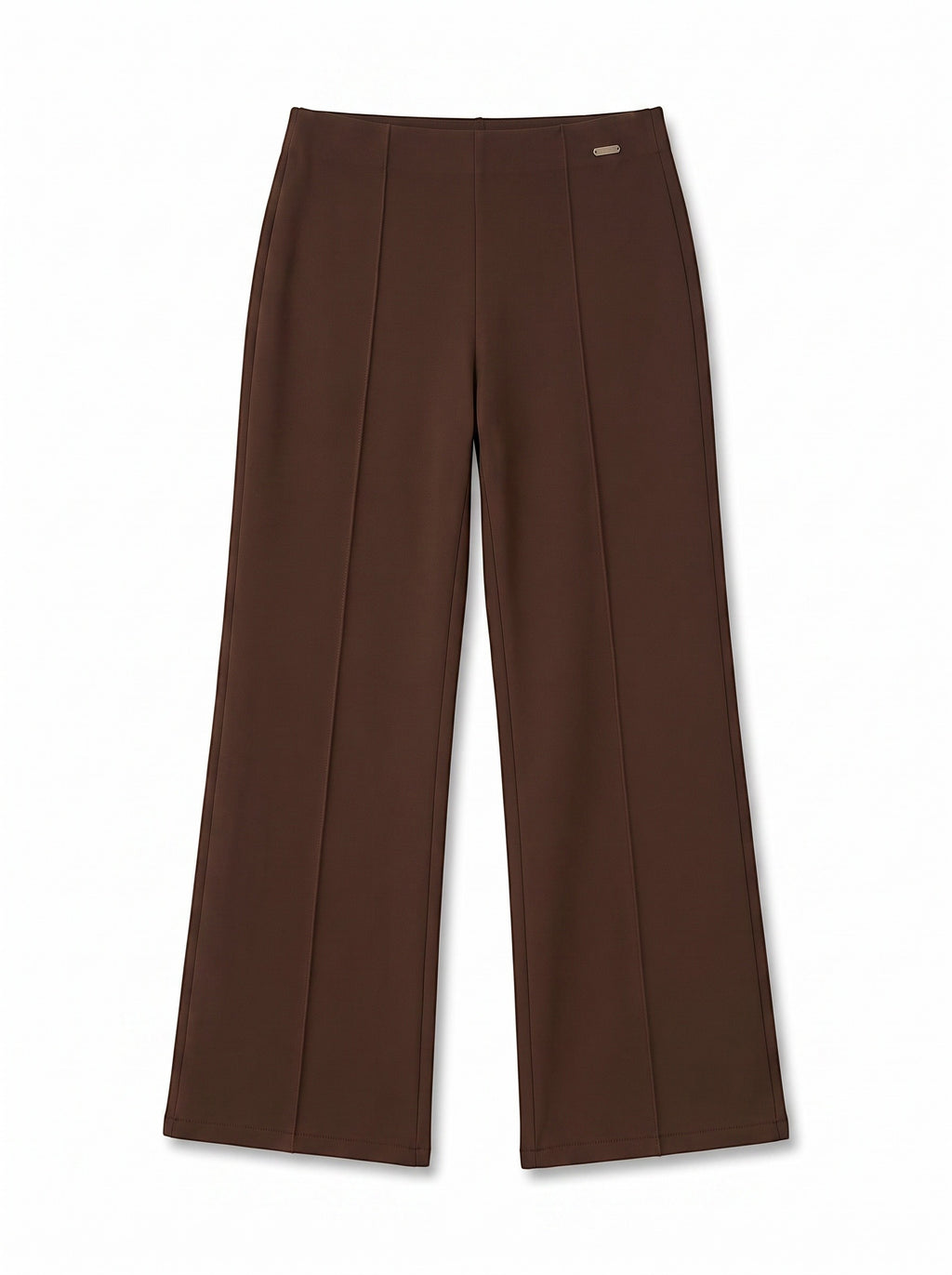 duwies chocolate brown high-waisted wide-leg trousers with front seam detailing on a white background