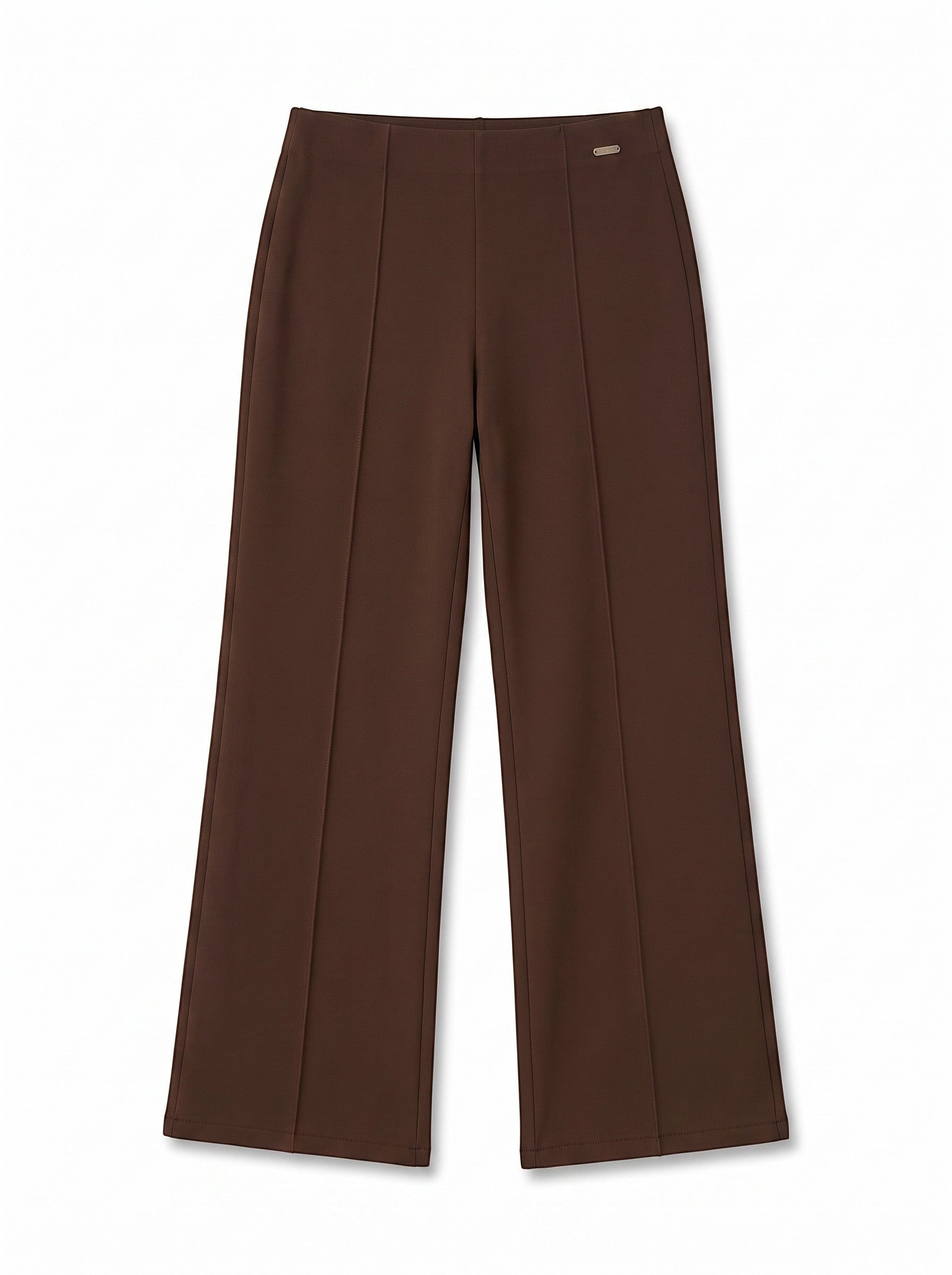 duwies chocolate brown high-waisted wide-leg trousers with front seam detailing on a white background