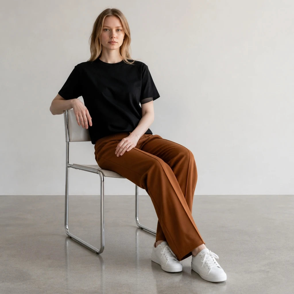 A woman wearing duwies tobacco brown high-waisted wide-leg trousers with a black t-shirt and white sneakers.